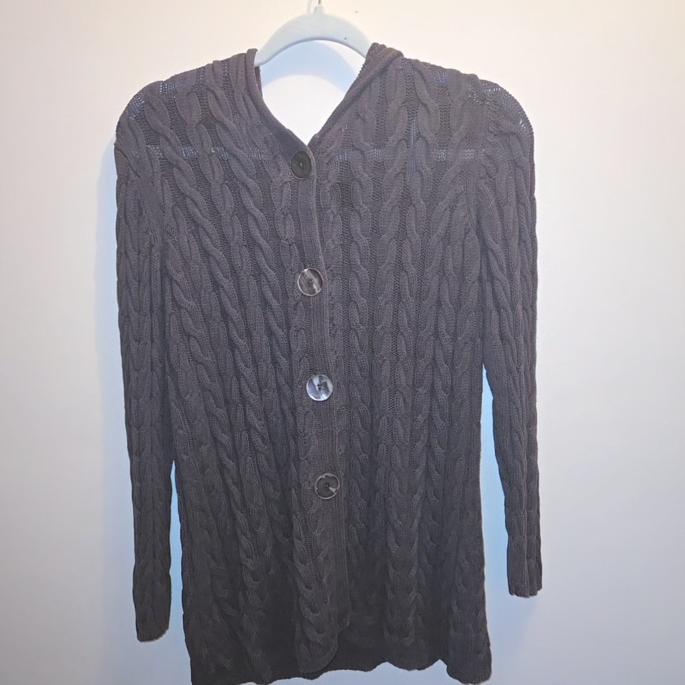 Chico's Chocolate Brown Hooded Knit Cardigan Sweater Size 0 Small S Vtg